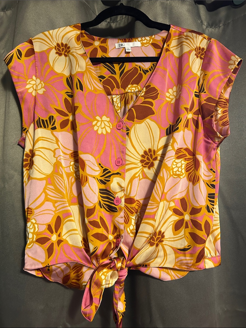 DR2 Pink Yellow Brown Floral Tie-Front Blouse